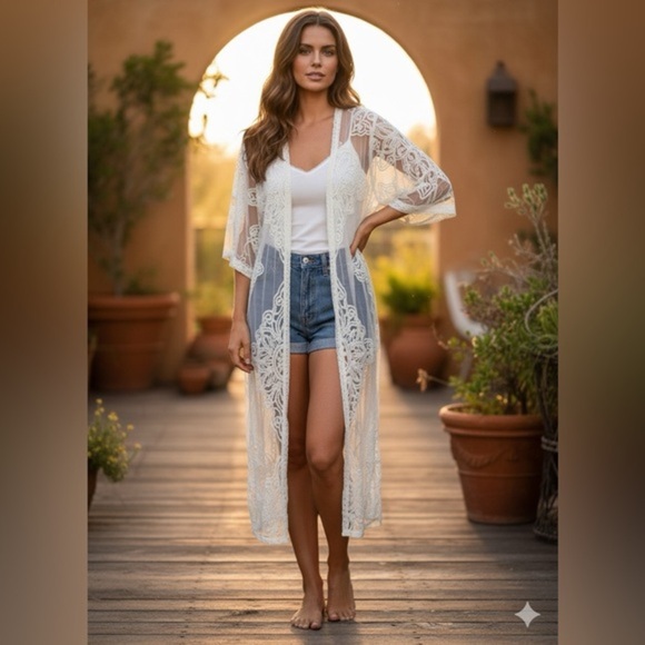 Rebelión Other - Rebellion by Regine Boho Crochet Lace Kimono Duster Cardigan Cream M
